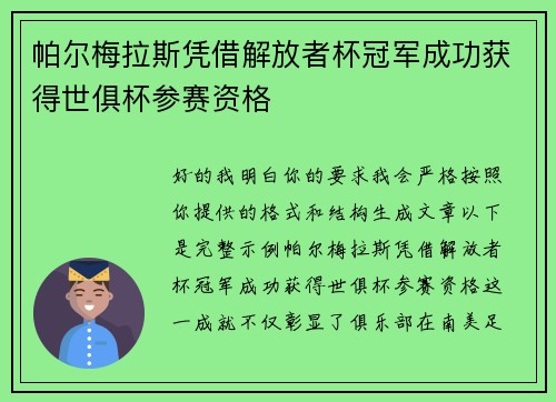 帕尔梅拉斯凭借解放者杯冠军成功获得世俱杯参赛资格